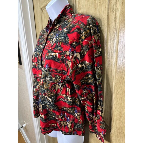 Vintage Equestrian Horse Dog Hunting Scene Cotton Button Down Red Shirt Small - Picture 4 of 8